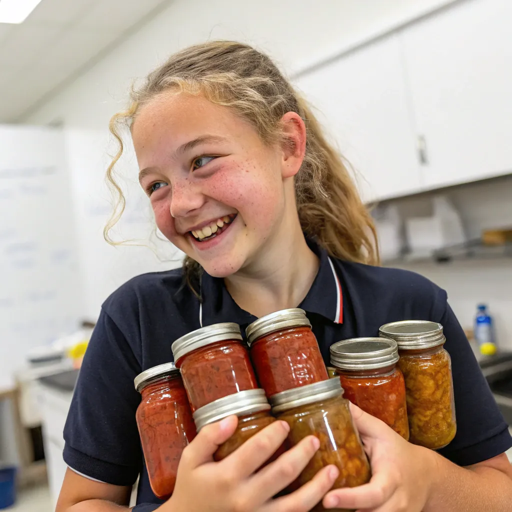 Happy student holding canned jars